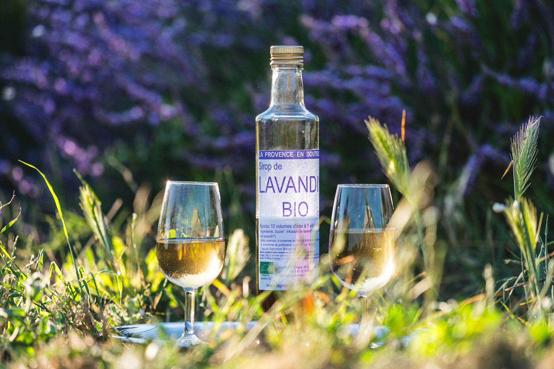 Flasche Bio-Lavendelsirup von La Provence en Bouteille, mit zwei Gläsern in einem blühenden Lavendelfeld in Cucuron