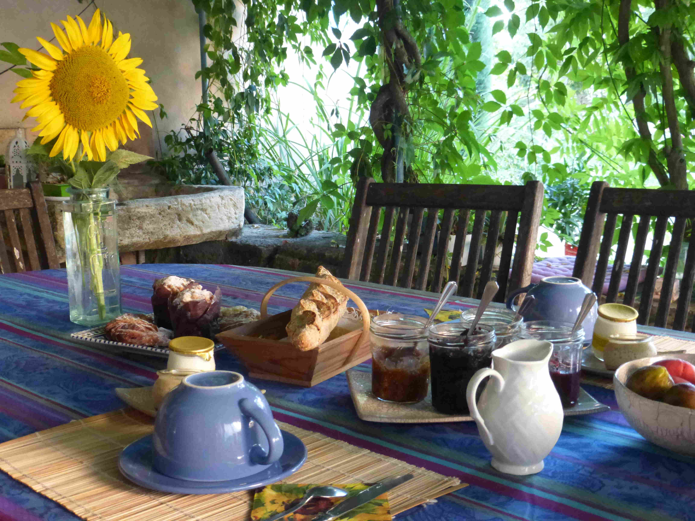 Frühstück auf der Terrasse des Domaine du Coffre mit hausgemachter Marmelade, frischem Brot und Blick auf die Natur