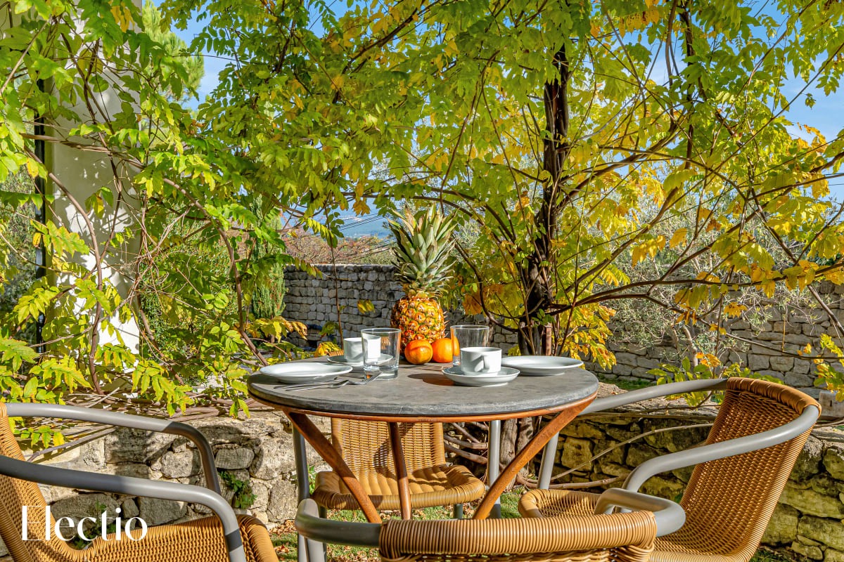 Schattige private Terrasse unter Glyzinien mit Blick auf den Luberon