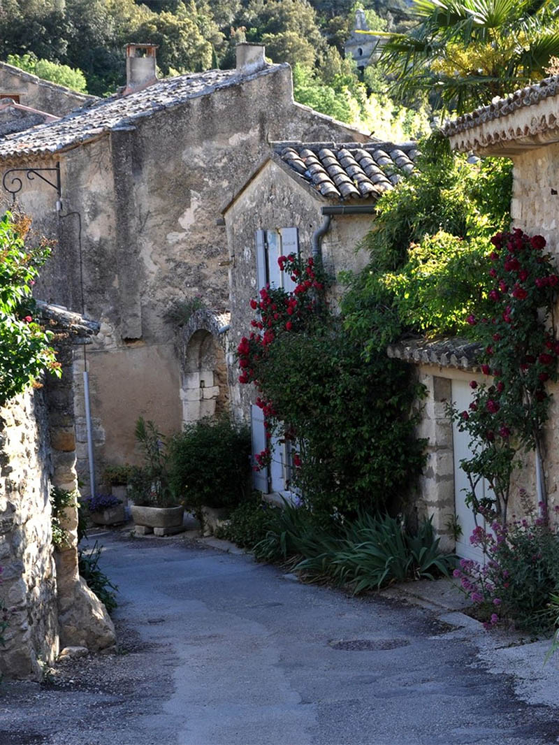 Gepflasterte und blumengeschmückte Gasse in Oppède-le-Vieux