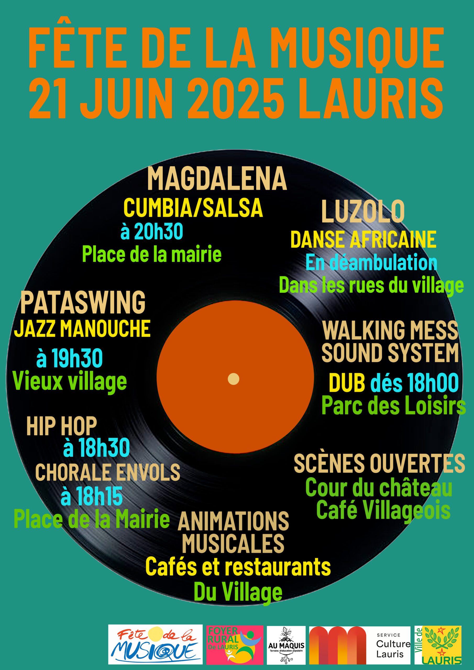 Plakat der Fête de la Musique 2025 in Lauris – Konzerte, Tanz und Musik im ganzen Dorf
