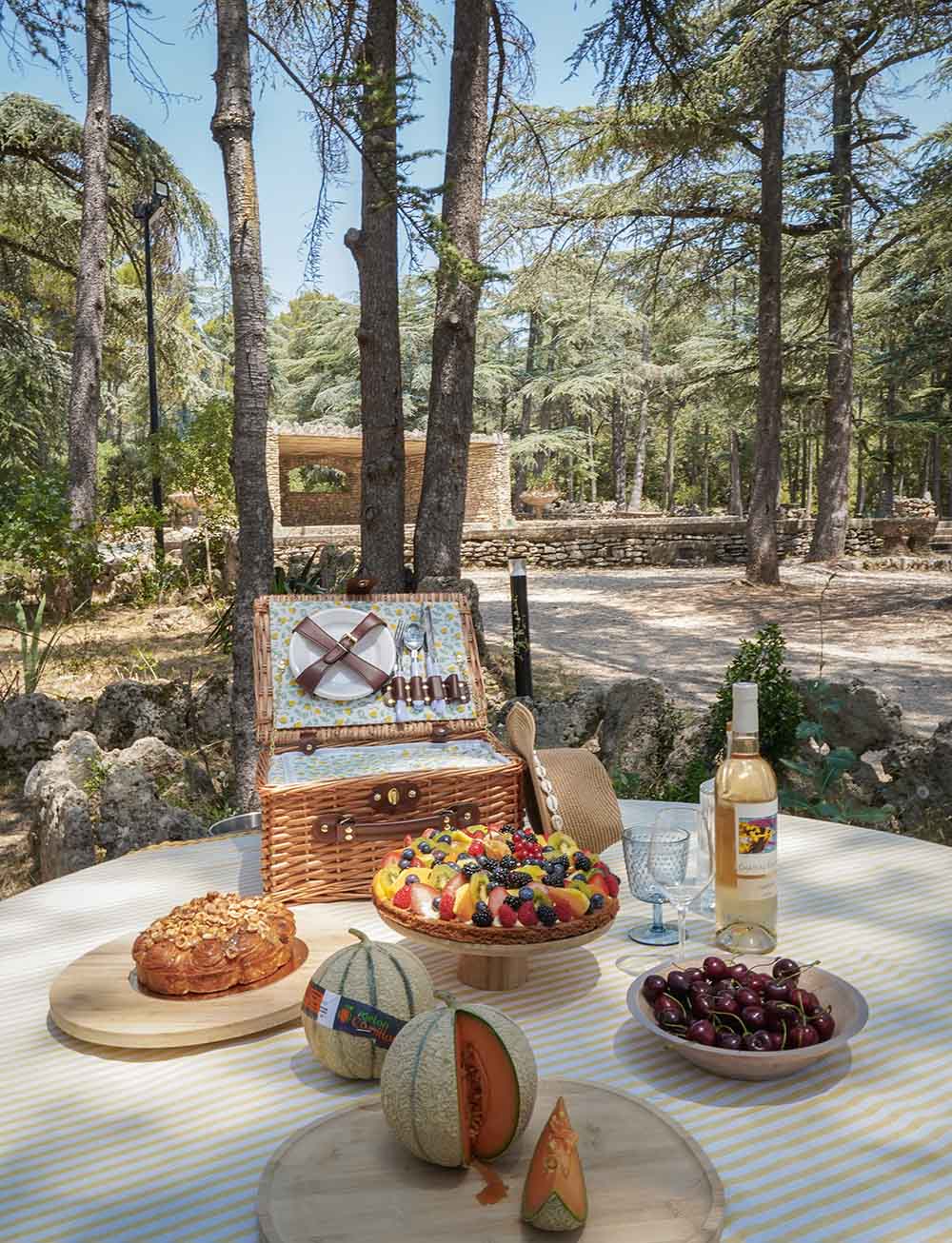 Der perfekte Korb für ein genussvolles und lokales Picknick Nahaufnahme eines gedeckten Picknicktisches mit frischer Obsttarte, Melone, Kirschen, einer Flasche Roséwein und einem geöffneten Weidenkorb.