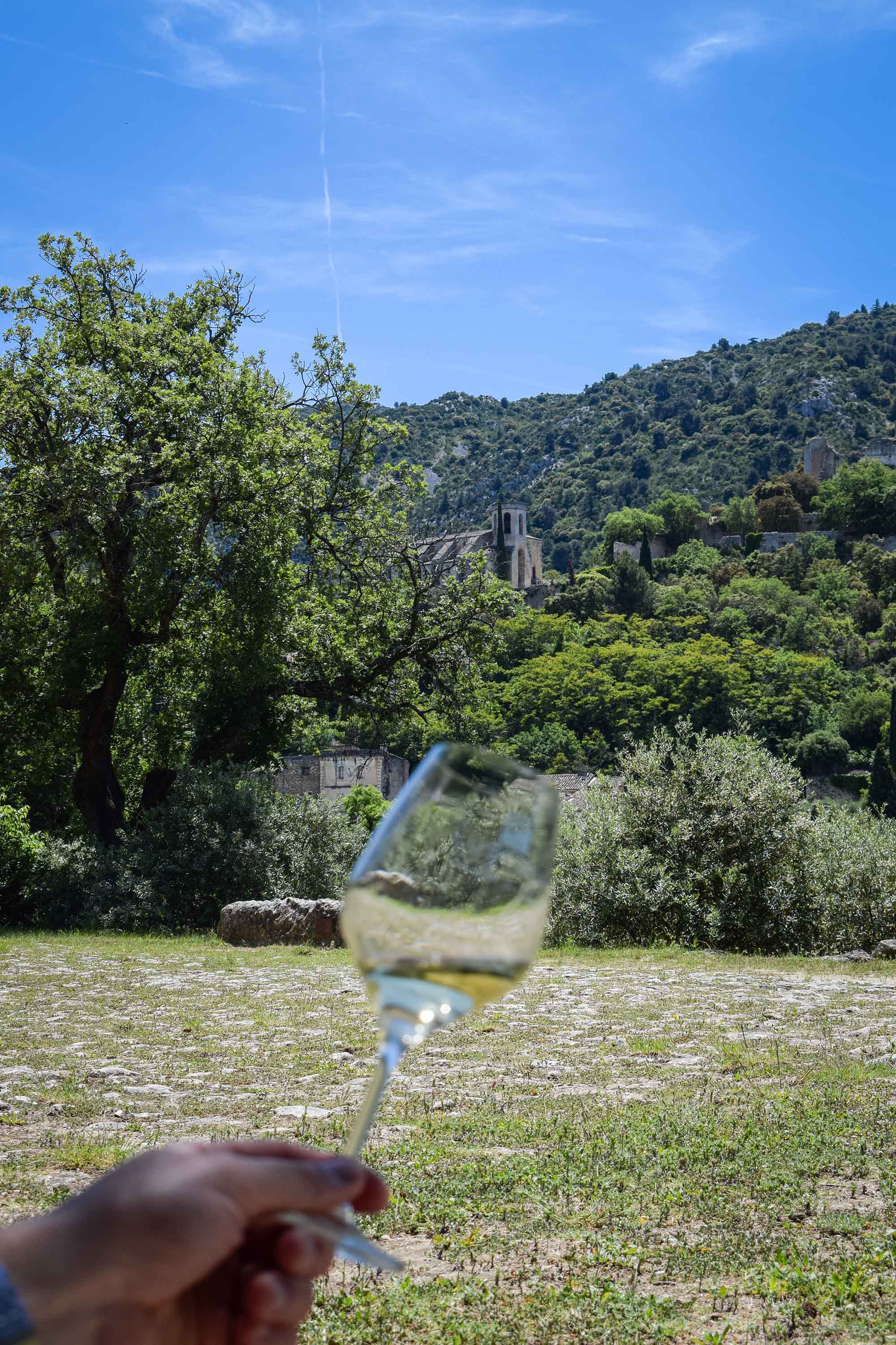 Auf die Schönheit des Luberon im Garten Sainte-Cécile anstoßen Nahaufnahme einer Hand, die ein Glas Weißwein zum Anstoßen erhebt; das Glas ist im Vordergrund leicht unscharf, während das mittelalterliche Dorf Oppède-le-Vieux und seine grünen Hügel im Hintergrund scharf zu sehen sind.