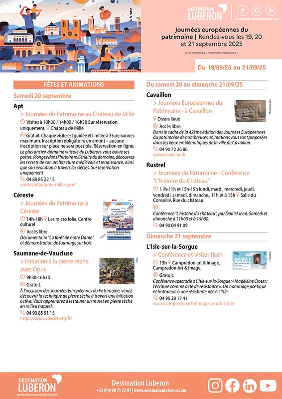 Programm der Europäischen Tage des Denkmals 2025 im Luberon und Pays des Sorgues