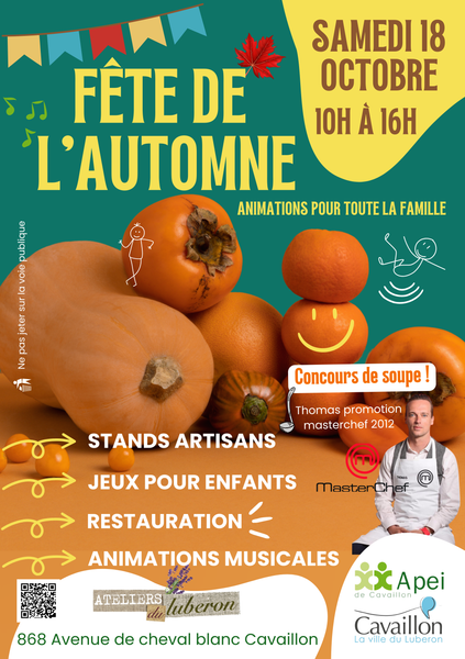 Plakat des Herbstfestes in Cavaillon am 18. Oktober 2025 mit Kunsthandwerksständen, Kinderspielen, Suppenwettbewerb und Musikprogramm.