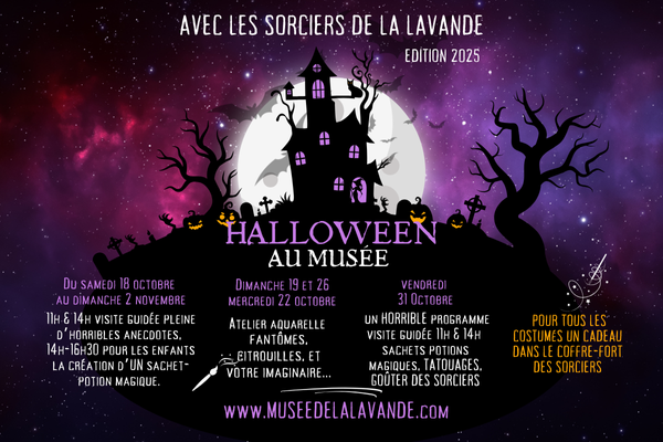 Halloween im Lavendelmuseum Luberon 2025 – Mit den Lavendelzauberern Plakat Halloween im Lavendelmuseum Luberon 2025 mit den Lavendelzauberern
