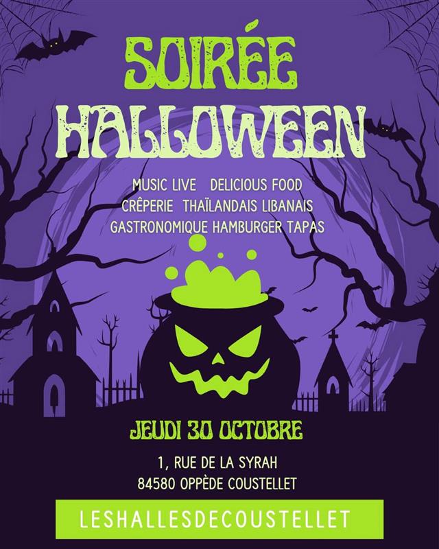 Plakat der Halloween-Party in den Halles de Coustellet in Oppède mit Live-Musik und Foodtrucks