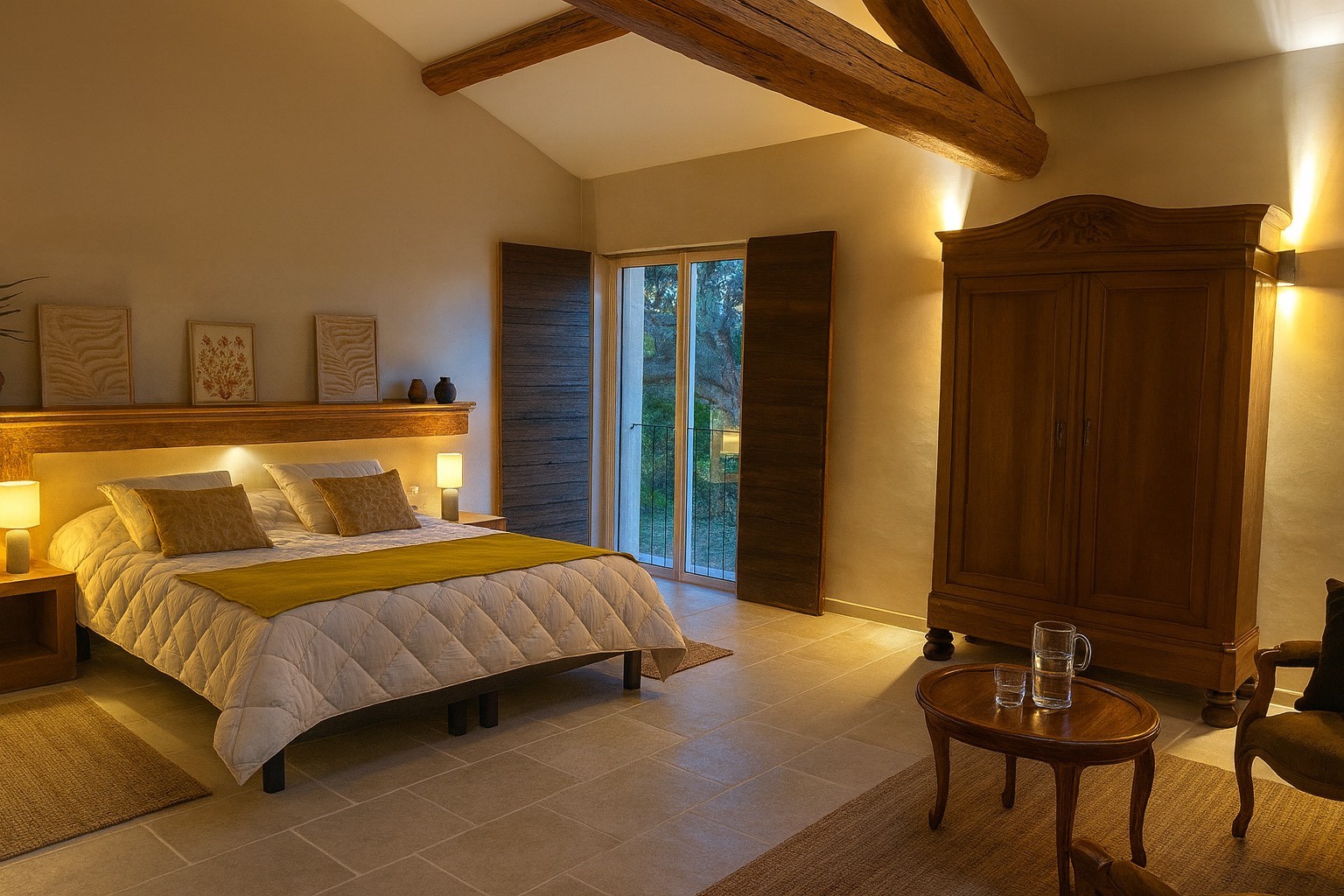 Zimmer im Mas Le Jas de la Cascade mit Doppelbett, sichtbaren Holzbalken und provenzalischer Atmosphäre im Luberon