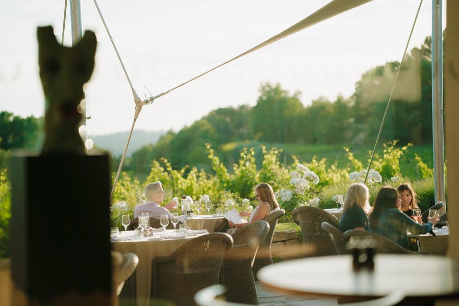 Terrasse des Restaurants Les Vignes & Son Jardin mit Blick auf die Weinberge des Luberon im Coquillade Provence