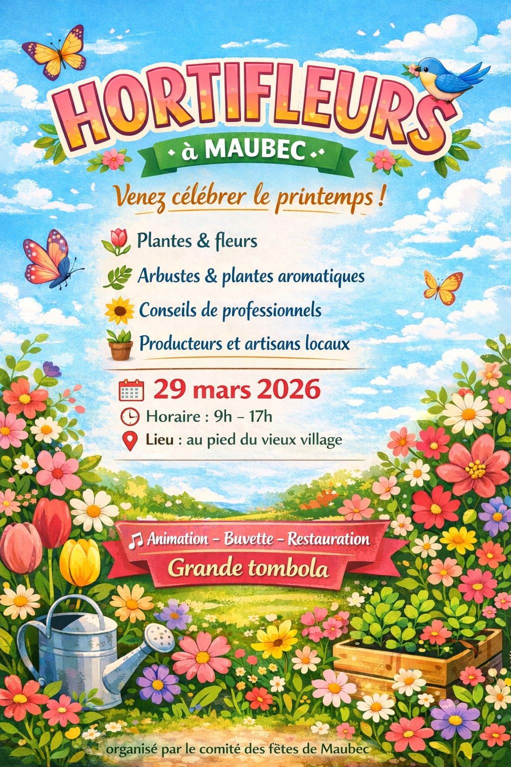 Hortifleurs in Maubec - 29. März 2026 Plakat der Veranstaltung Hortifleurs in Maubec am 29. März 2026, Pflanzen- und Blumenmarkt mit Animationen, Verpflegung und Tombola