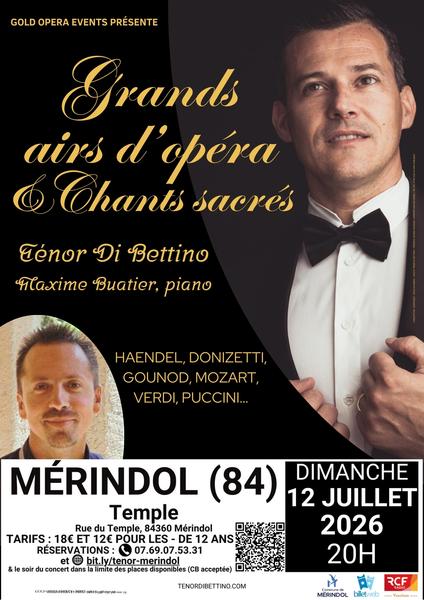Plakat des Konzerts Große Opernarien und geistliche Gesänge mit Tenor Di Bettino und Pianist Maxime Buatier in Mérindol