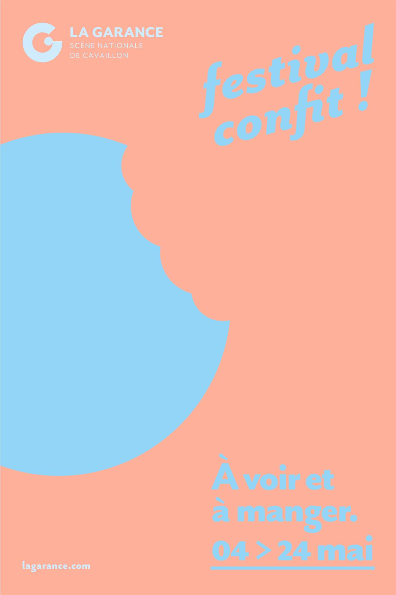 Plakat des Festivals Confit! in La Garance, der nationalen Bühne von Cavaillon, vom 4. bis 24. Mai. Zum Sehen und Genießen.