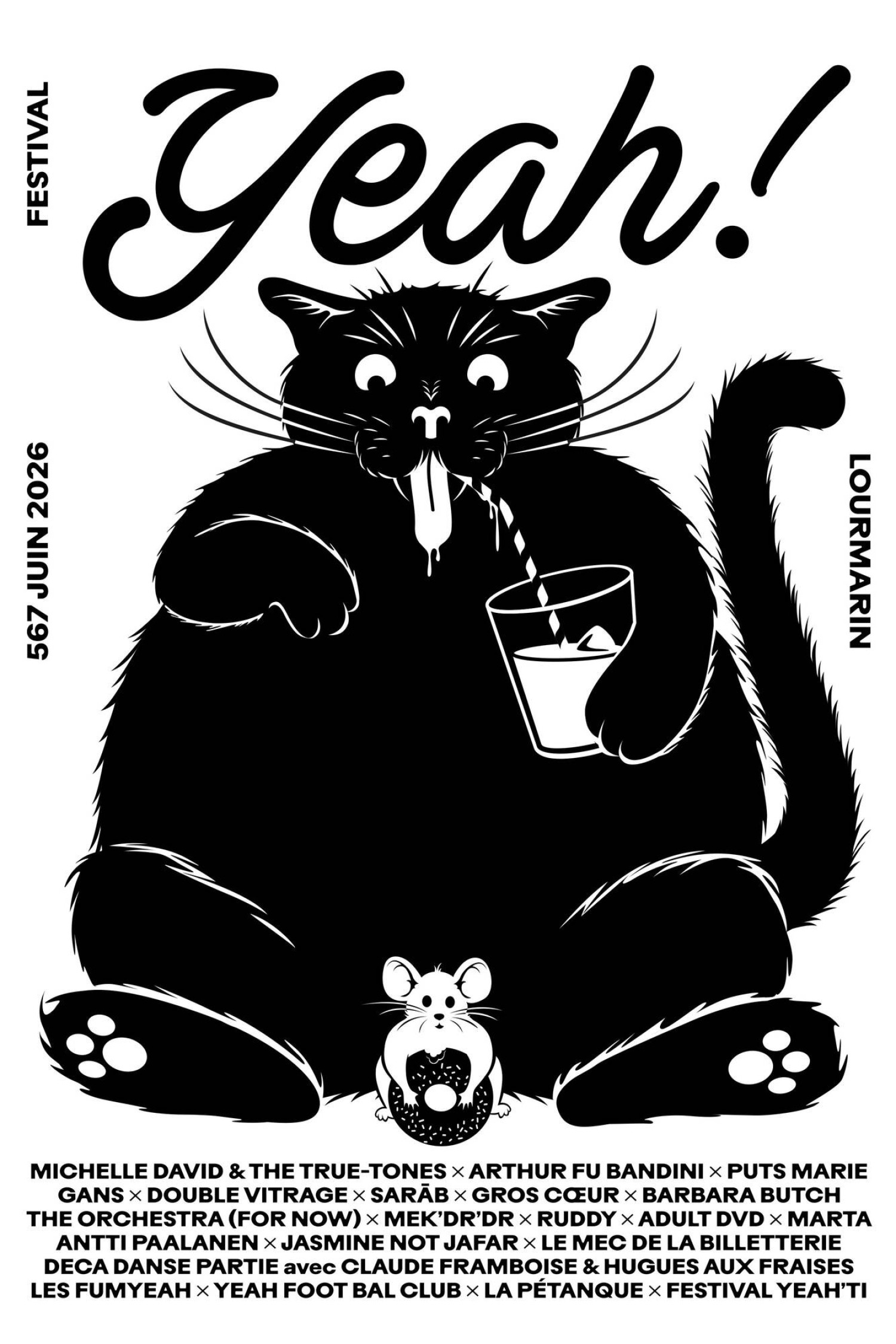 Plakat des Yeah! Festivals 2026 in Lourmarin in der Provence, Frankreich, mit einer schwarzen illustrierten Katze mit Getränk, vom 5. bis 7. Juni im Château de Lourmarin Musikfestival