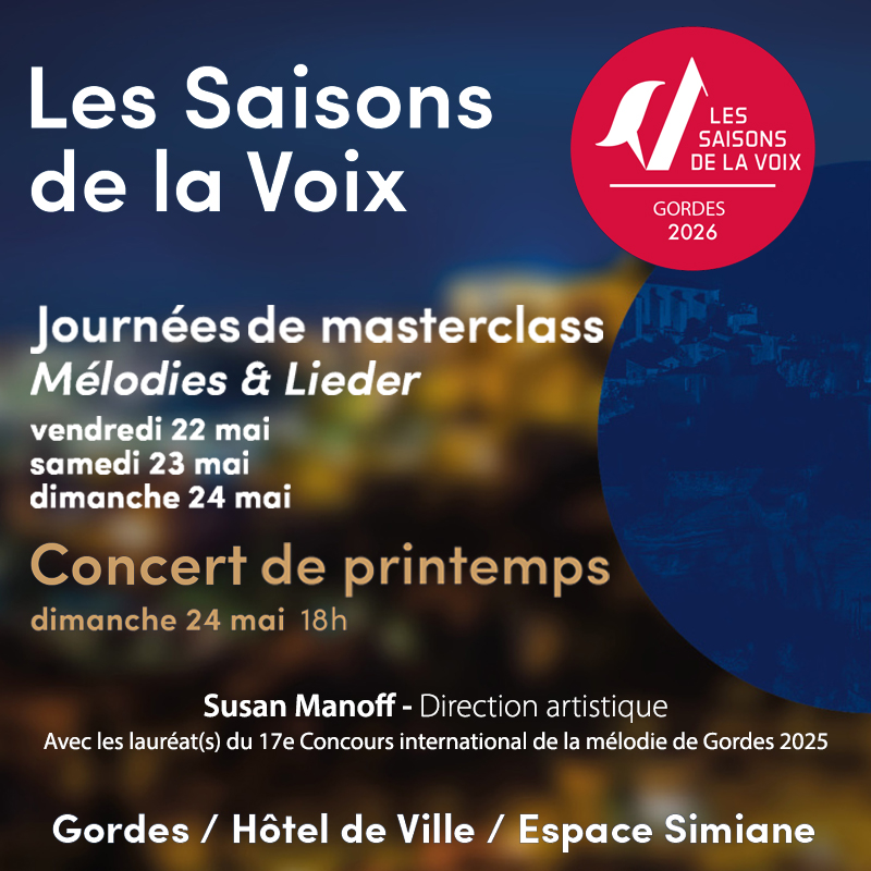 Les Saisons de la Voix in Gordes 2026, Masterclass zu Melodien und Liedern sowie Frühlingskonzert mit Susan Manoff im Espace Simiane