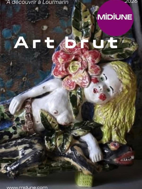 Plakat der Art-Brut-Ausstellung in der Galerie Midiune in Lourmarin mit einer figurativen und einzigartigen Keramikskulptur.