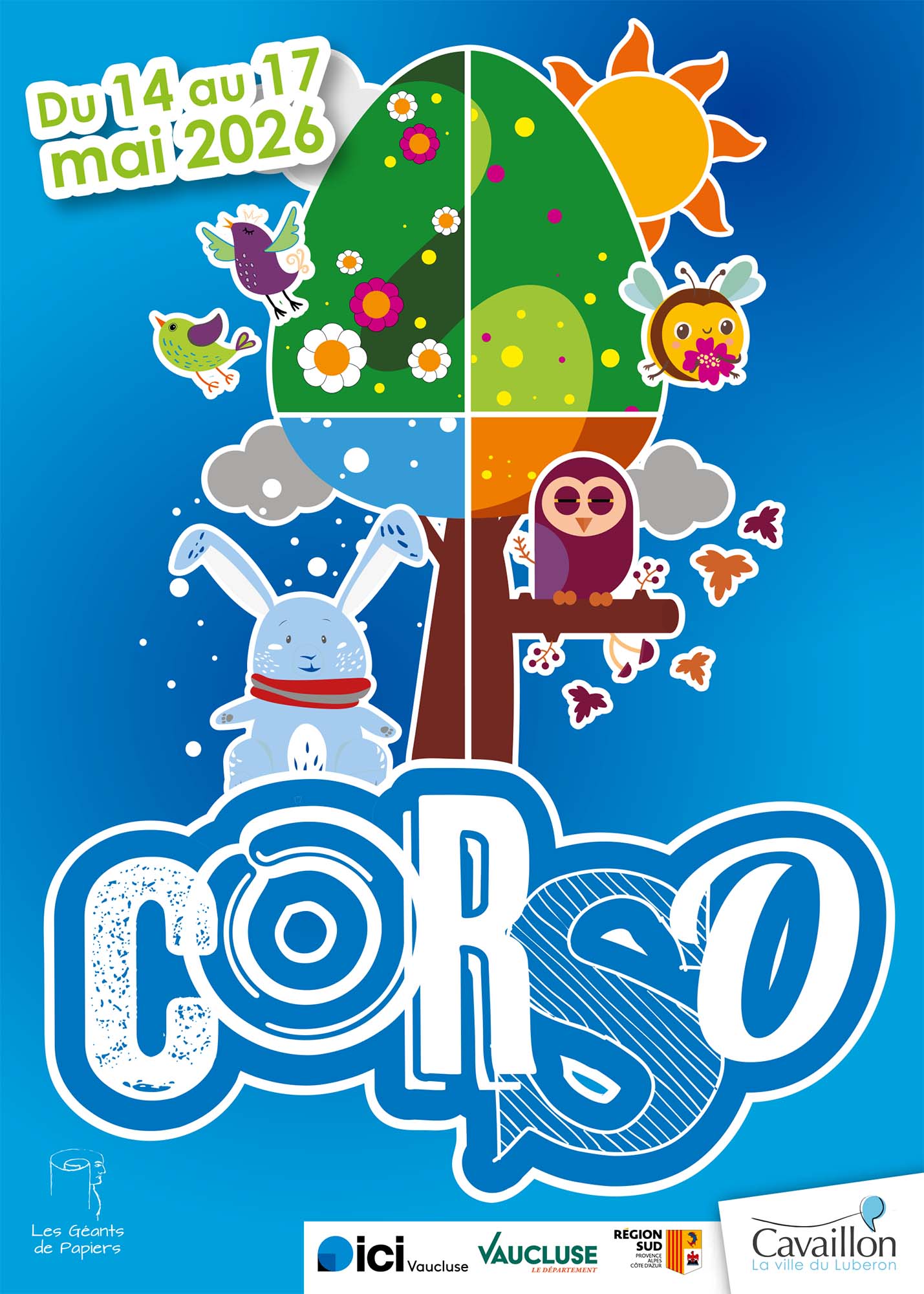 Plakat des Corso von Cavaillon 2025, vom 28. Mai bis 1. Juni, illustriert in einem fantasievollen und farbenfrohen Stil mit Heißluftballons, riesigen Pilzen, einer Uhr und einer Rakete