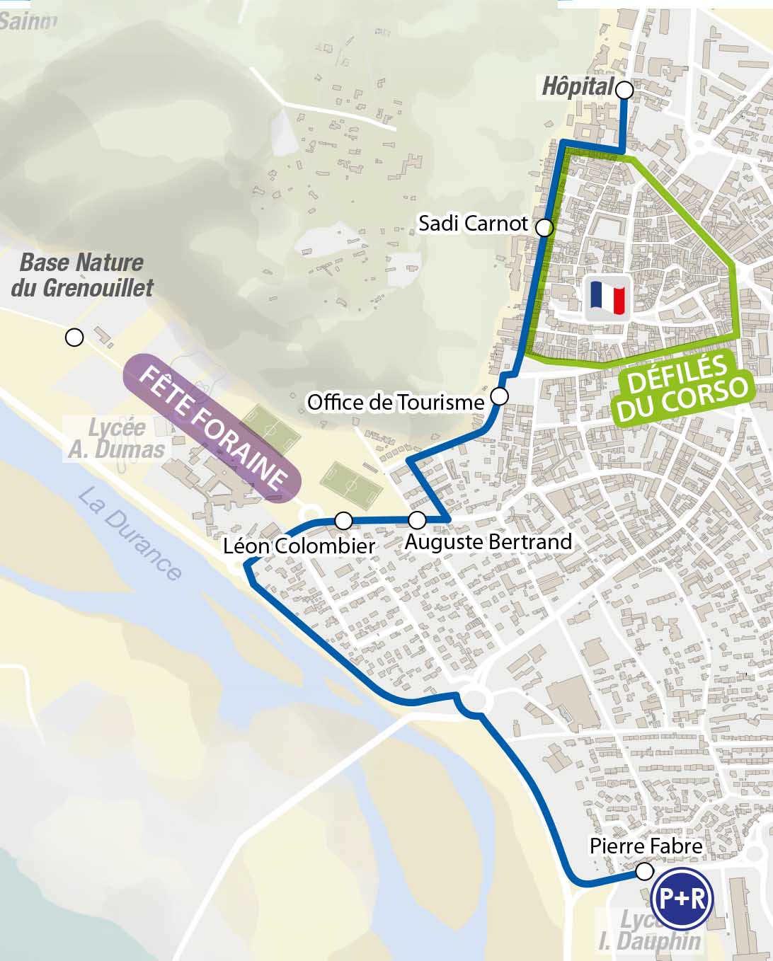 Strecke der Corso-Umzüge 2026 in Cavaillon Plan der Strecke der Corso-Umzüge von Cavaillon 2026