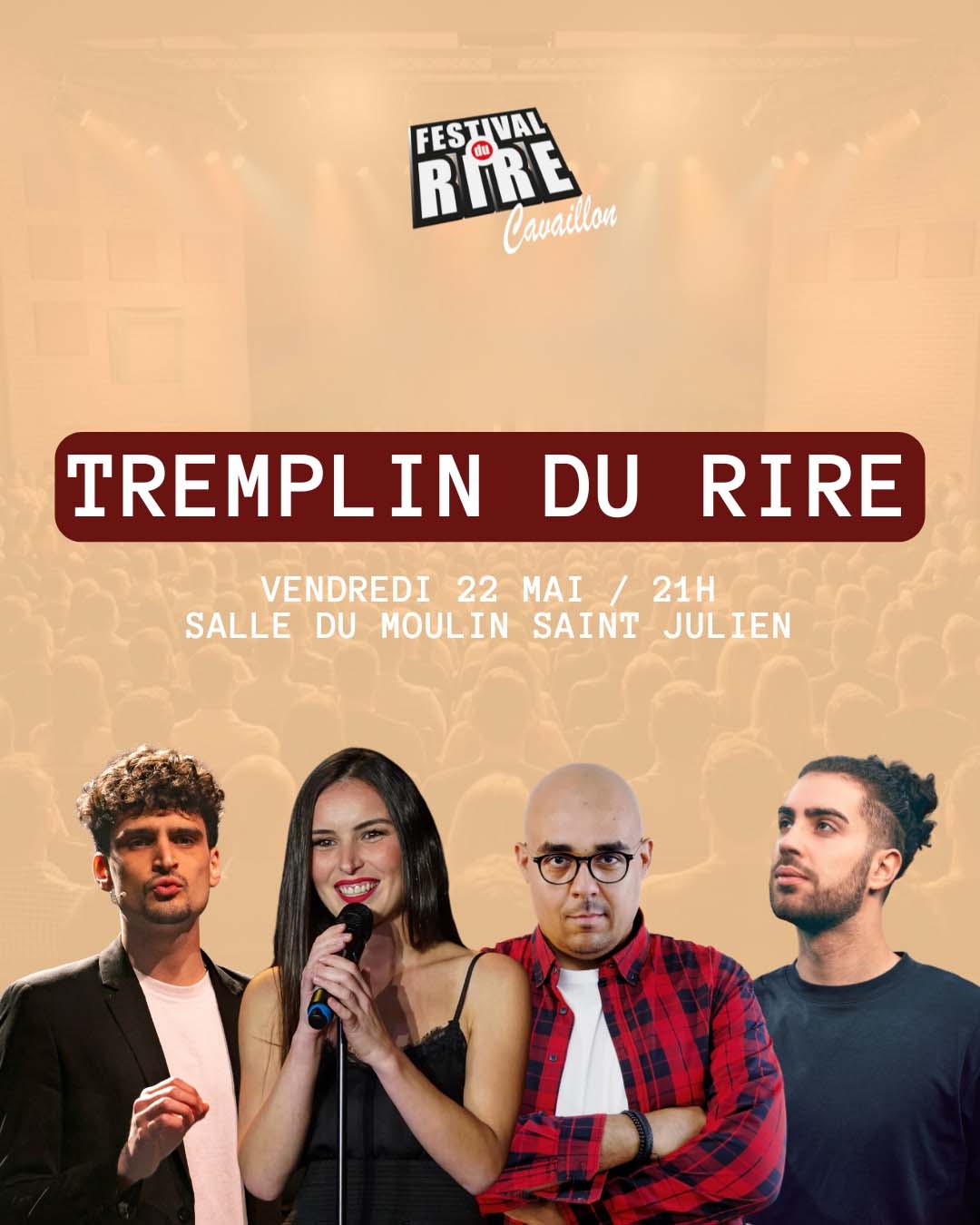 Plakat des Comedy-Nachwuchswettbewerbs beim Comedy-Festival Cavaillon 2026 mit vier Künstlern auf der Bühne