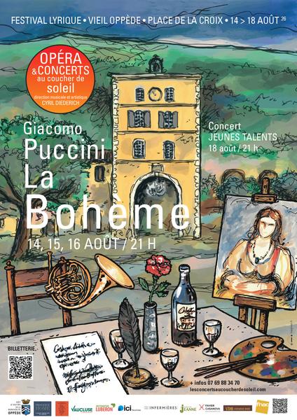 Plakat des Festivals der Konzerte bei Sonnenuntergang 2026 in Oppède mit Puccinis La Bohème und dem Nachwuchskonzert