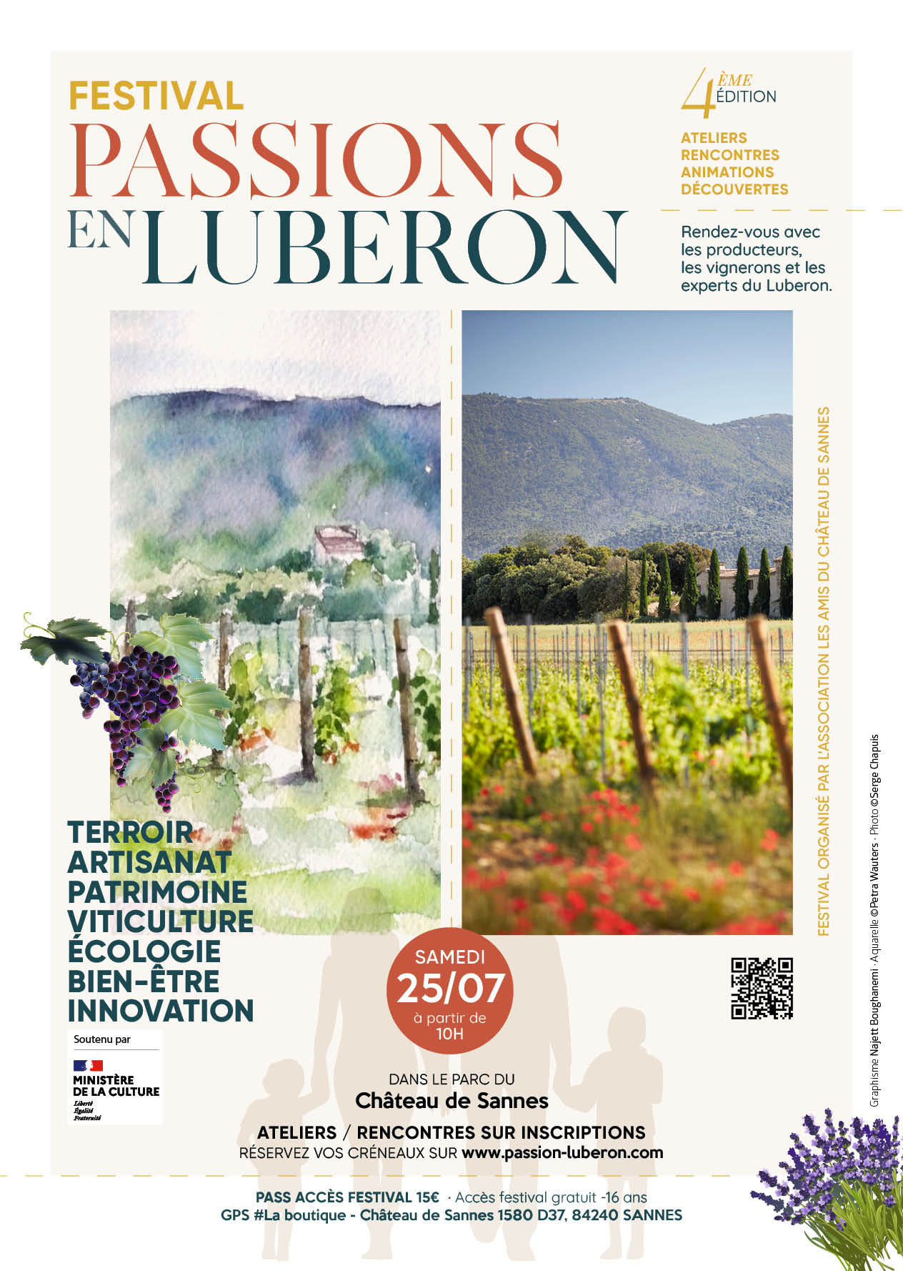 Plakat des Festivals Passions en Luberon im Château de Sannes mit Blick auf die Weinberge des Luberon