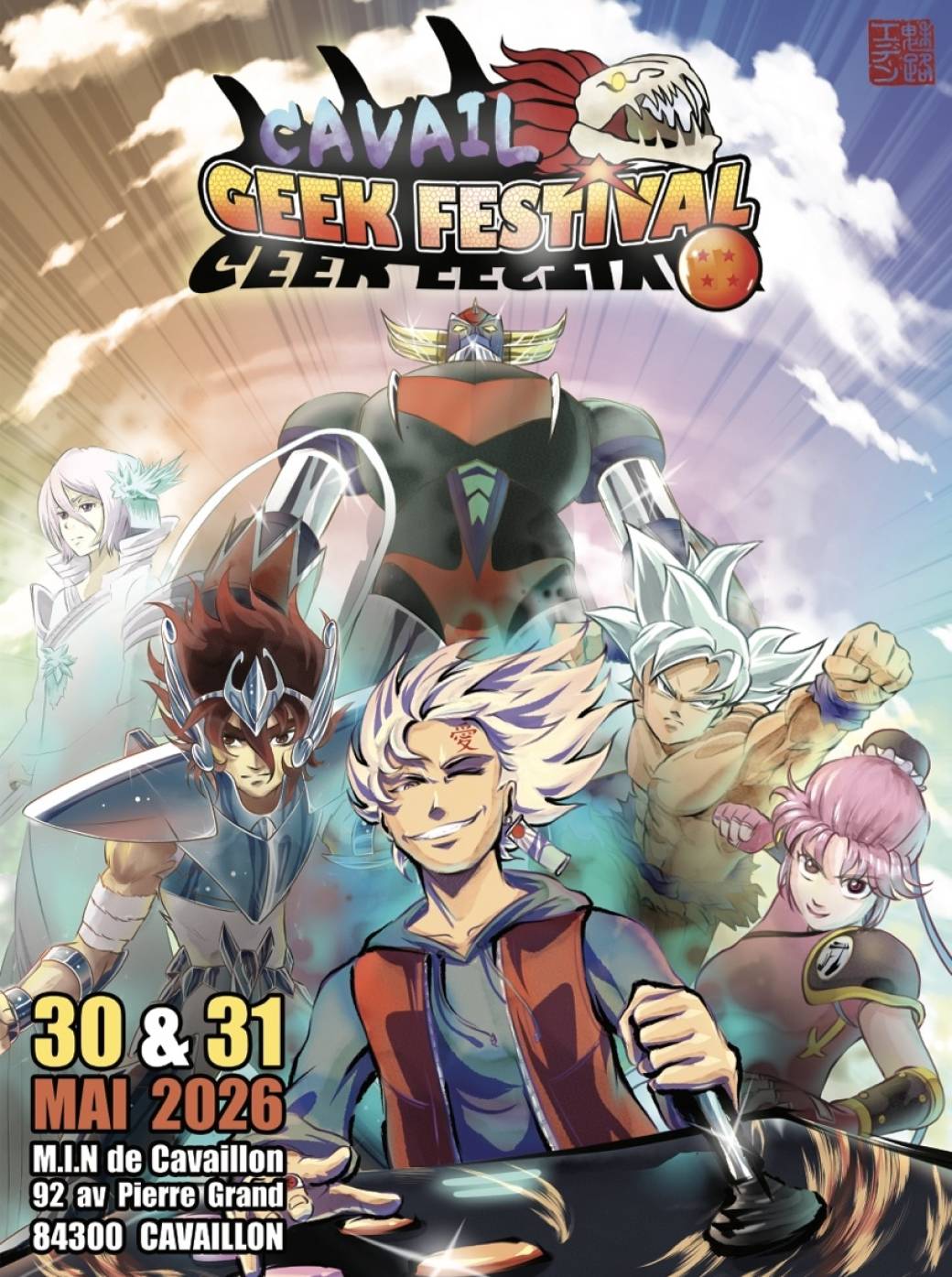 Plakat des Cavail' Geek Festival 2026 in Cavaillon mit Figuren, die von der Welt des Manga und der japanischen Animation inspiriert sind