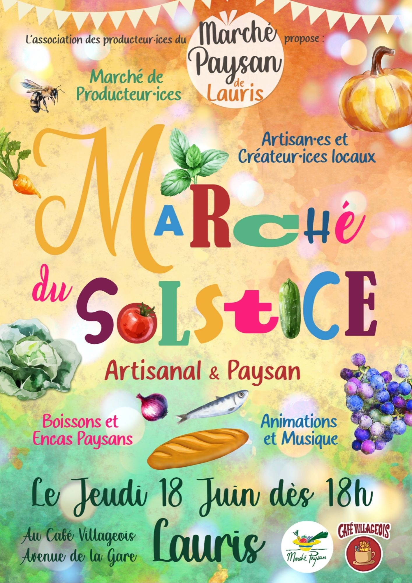 Affiche du Markt zur Sommersonnenwende à Lauris avec producteurs, artisans, animations et musique