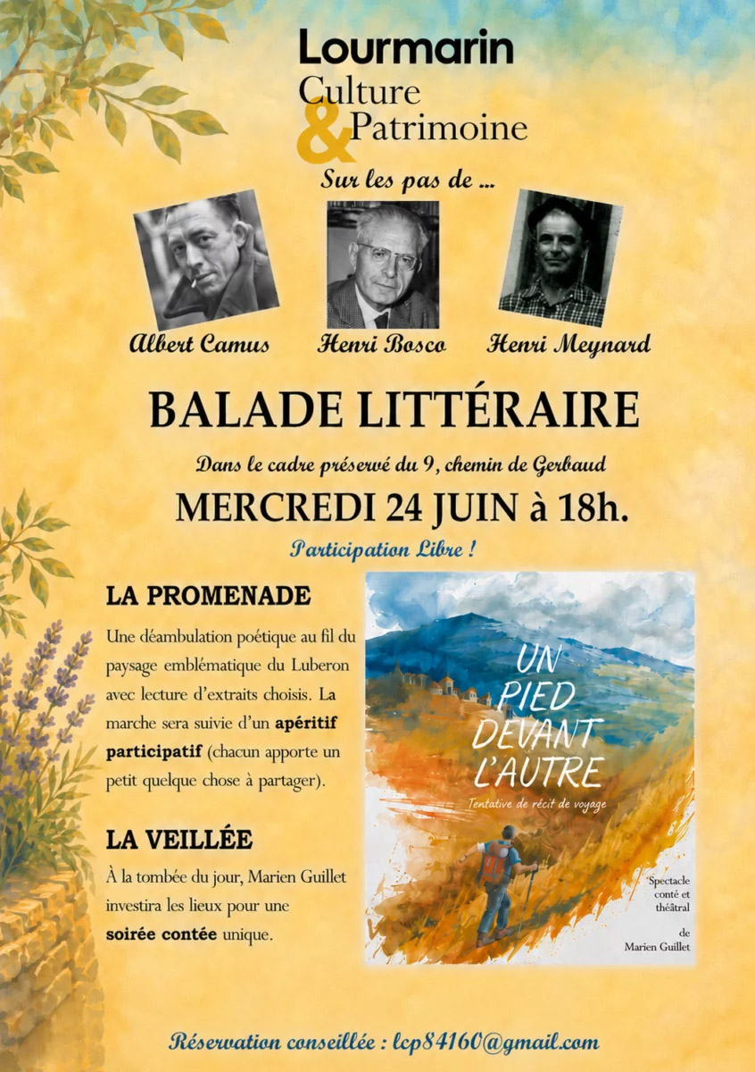 Plakat des literarischen Spaziergangs in Lourmarin mit Kultur und Erbe von Lourmarin