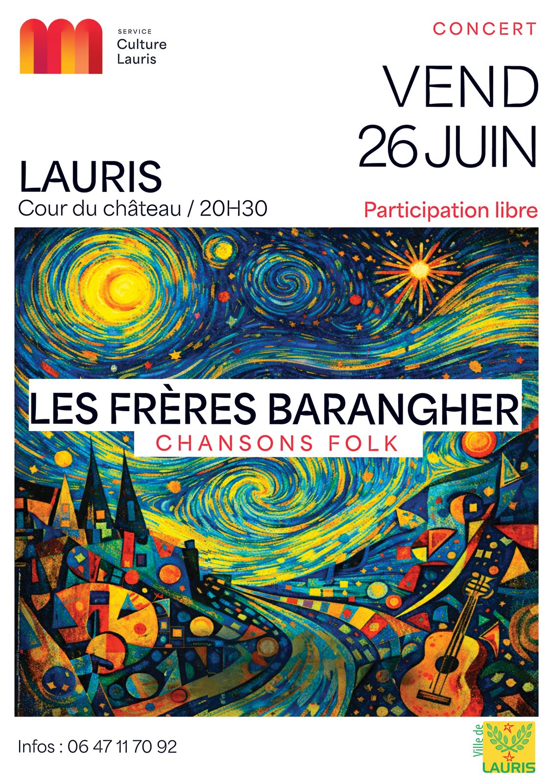 Plakat des Volkskonzerts mit Les Frères Barangher im Innenhof des Château de Lauris