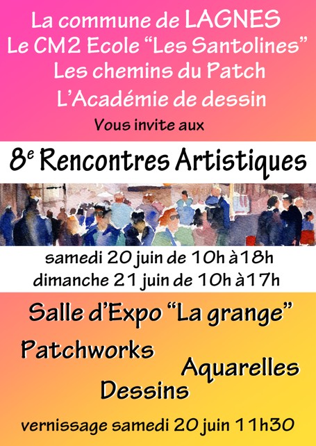 8. Künstlerische Begegnungen in Lagnes Affiche des 8. Künstlerische Begegnungen in Lagnes avec patchworks, aquarelles et dessins