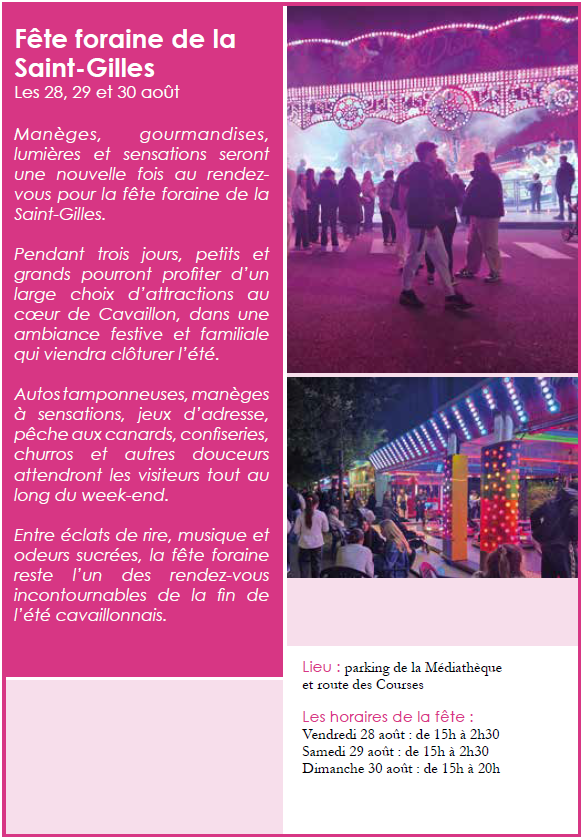 Affiche de la Kirmes von Saint-Gilles in Cavaillon avec manèges et attractions