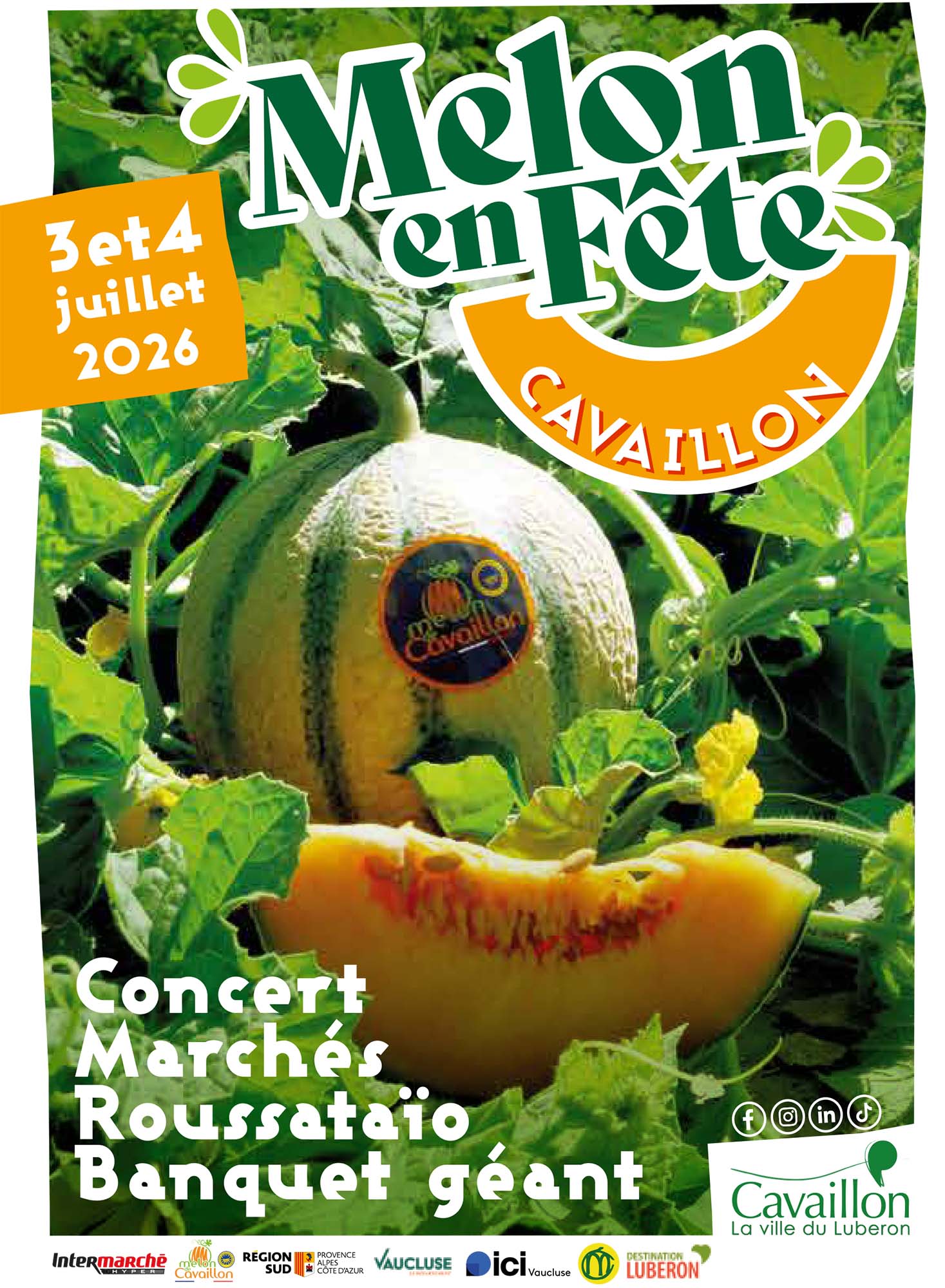 Offizielles Plakat von Melon en Fête 2026 in Cavaillon mit den Daten 3. und 4. Juli 2026