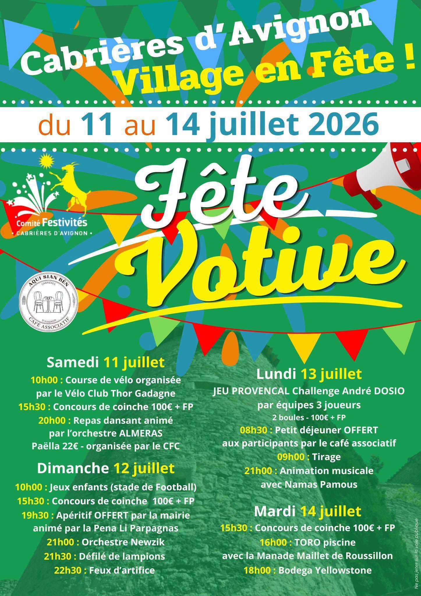 Plakat des Dorffests in Cabrières-d’Avignon vom 11. bis 14. Juli 2026