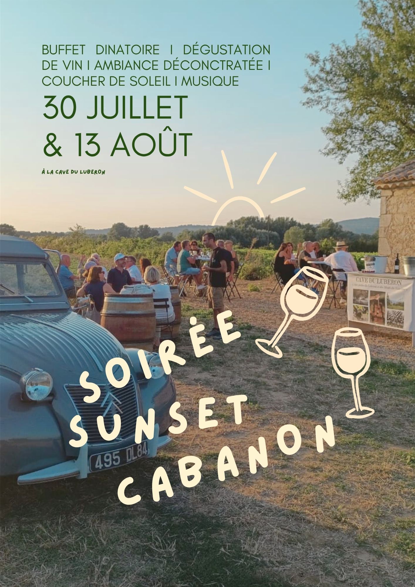 Sunset-Cabanon-Abend mit Blick auf die Weinberge in der Cave du Luberon in Maubec