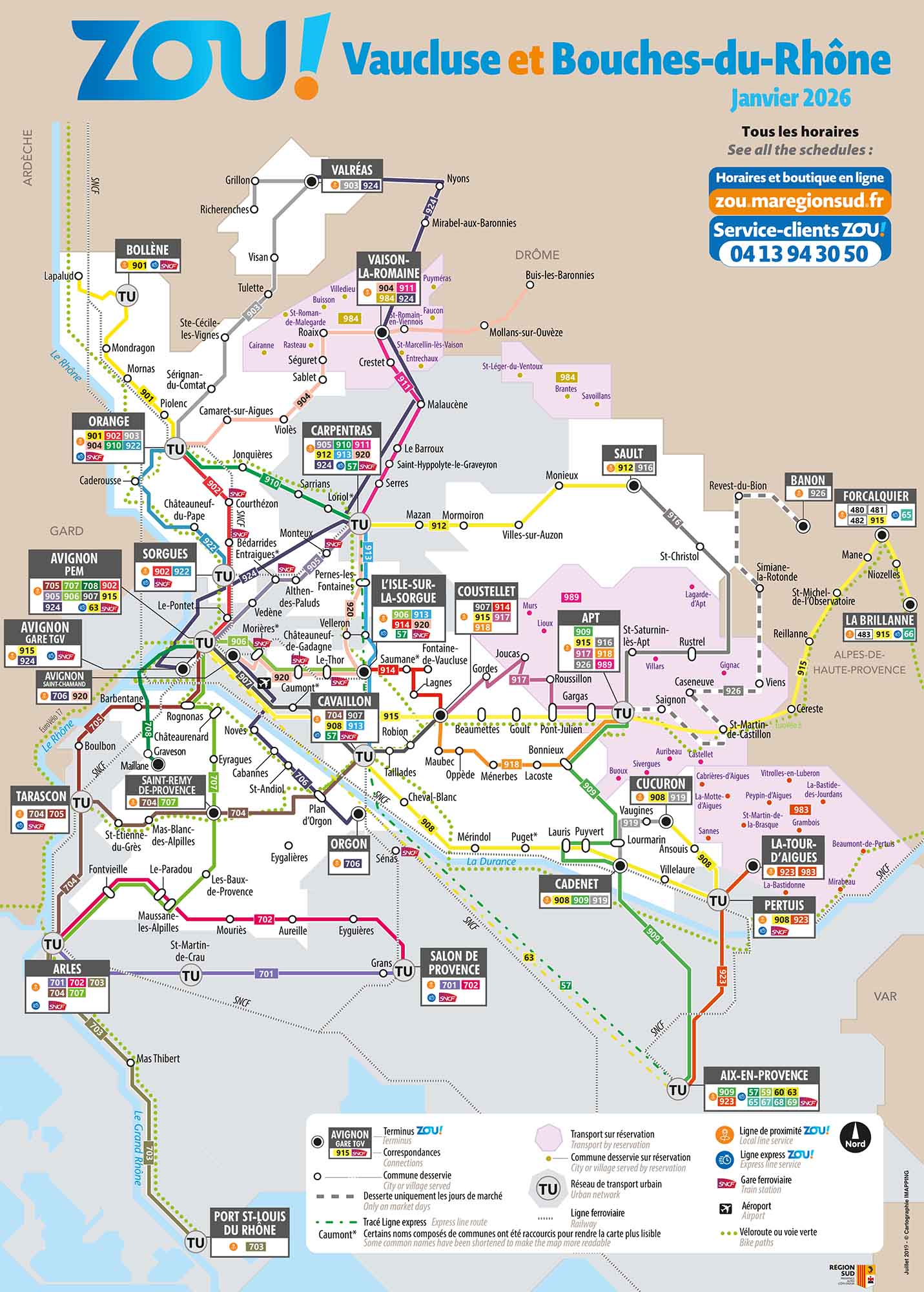 Schematische Karte der Zou!-Buslinien im Vaucluse und in den Bouches-du-Rhône - Januar 2026