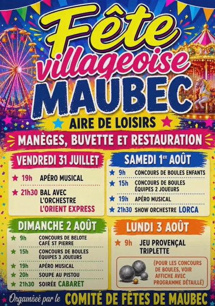 Plakat des Dorffests in Maubec mit Programm, Tanzabenden, Wettbewerben, Karussells, Getränken und Essen