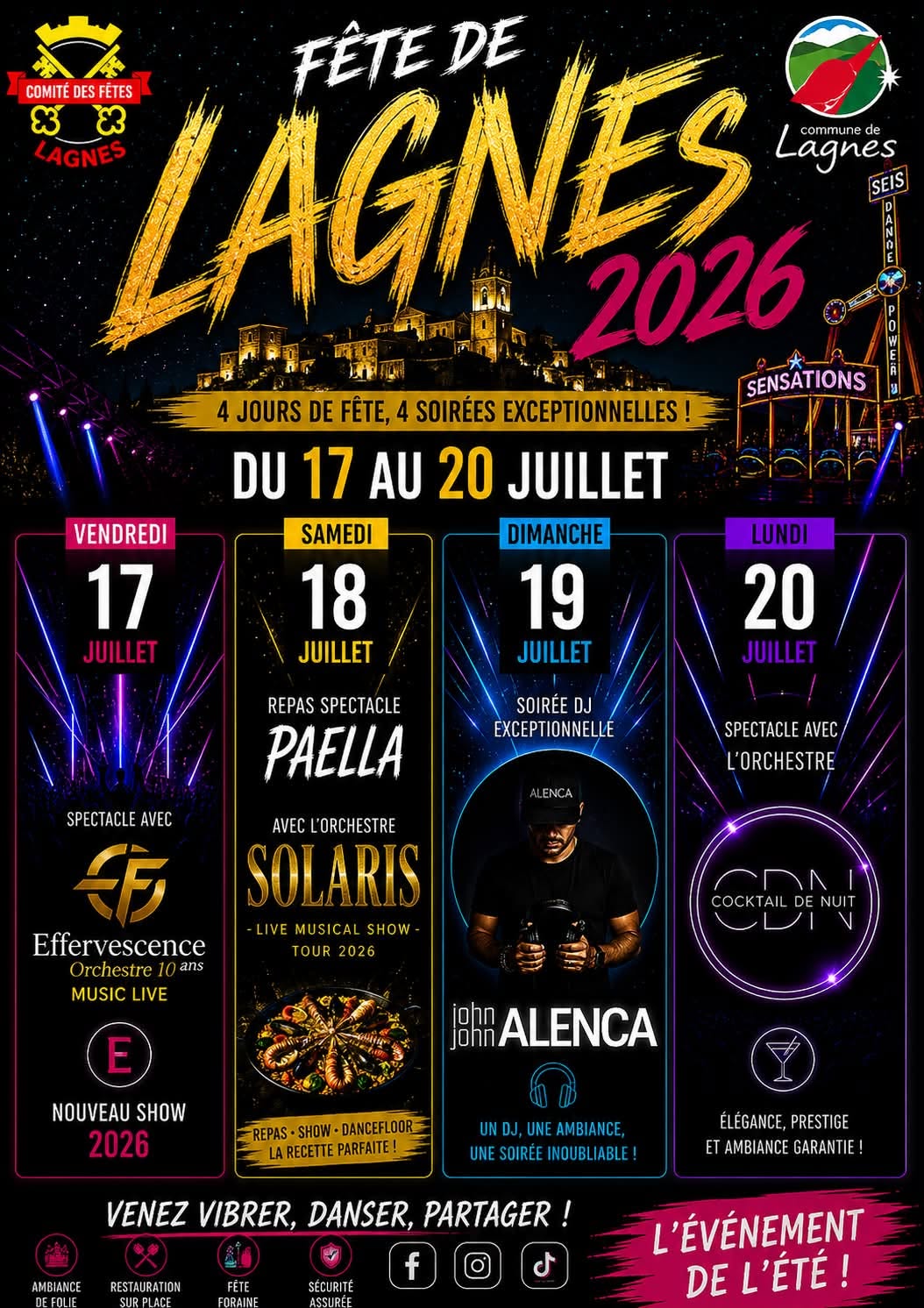 Plakat des Fests in Lagnes 2026 mit Konzerten, Essen, Wettbewerben und Animationen