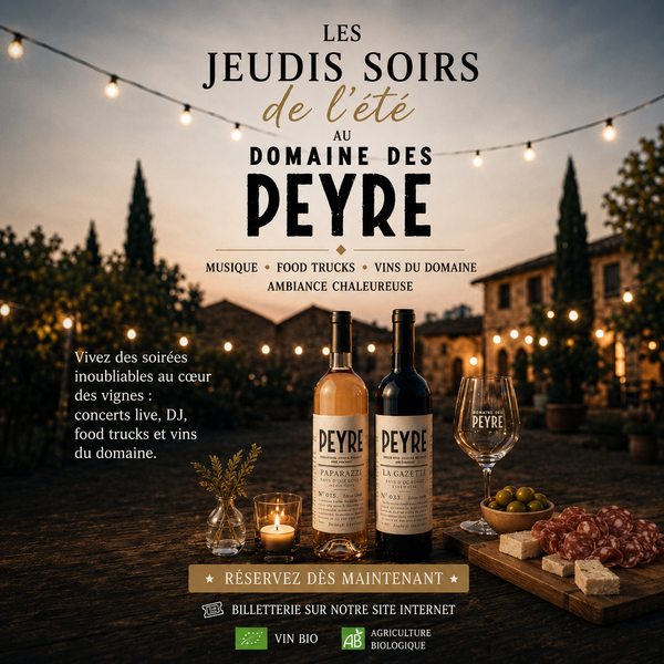 Plakat der Sommerabende am Donnerstag auf dem Domaine des Peyre in Robion mit Musik, Foodtrucks und Weinen des Weinguts