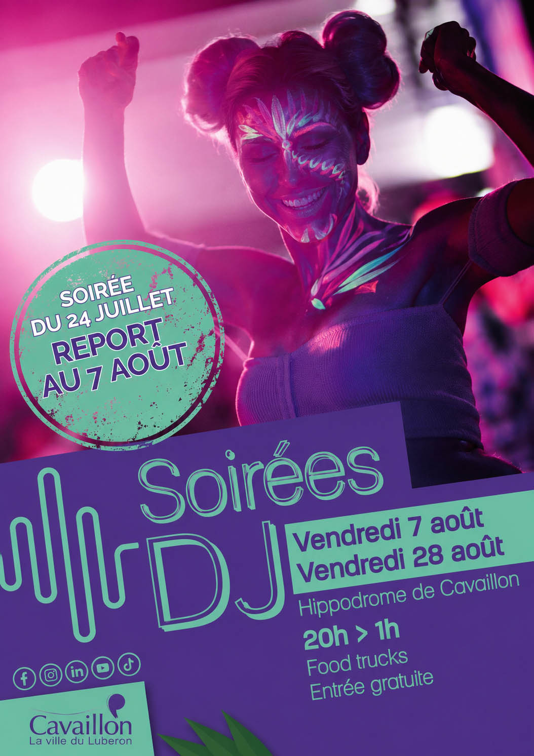 Plakat der DJ-Abende auf der Pferderennbahn von Cavaillon mit elektronischer Musik und visuellen Animationen