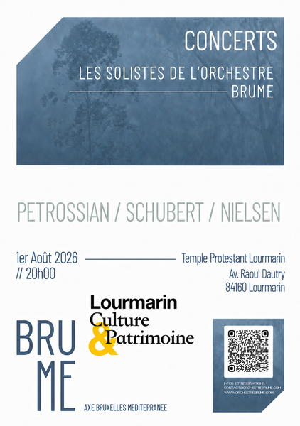 Plakat des Konzerts der Solistinnen und Solisten des Orchesters BruMe am 1. August 2026 in Lourmarin
