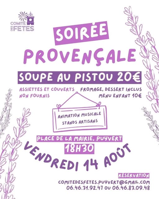Plakat des provenzalischen Abends in Puyvert mit Pistou-Suppe, Musik und Kunsthandwerksständen