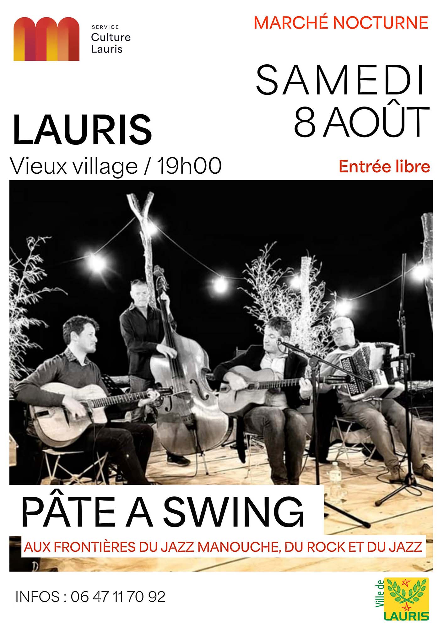 Konzert von Pâte à Swing beim Nachtmarkt von Lauris, zwischen Gypsy-Jazz, Rock und Jazz