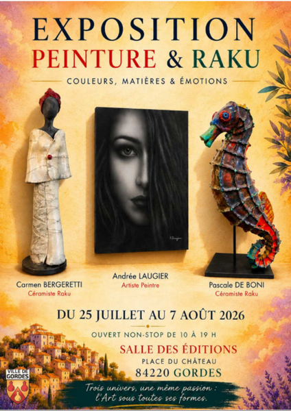 Plakat der Ausstellung Malerei und Raku, Farben, Materialien und Emotion