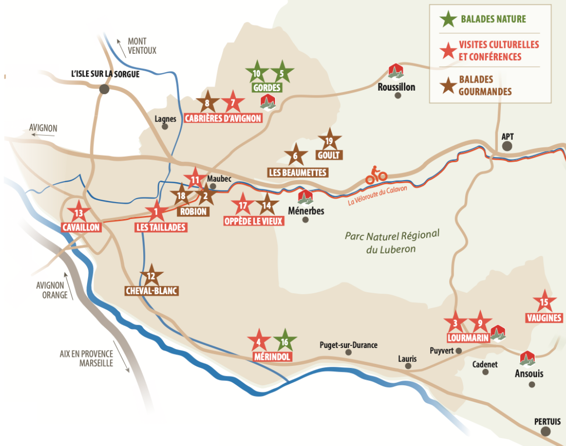 Karte der Führungen und Wanderungen im Luberon 2026-2027