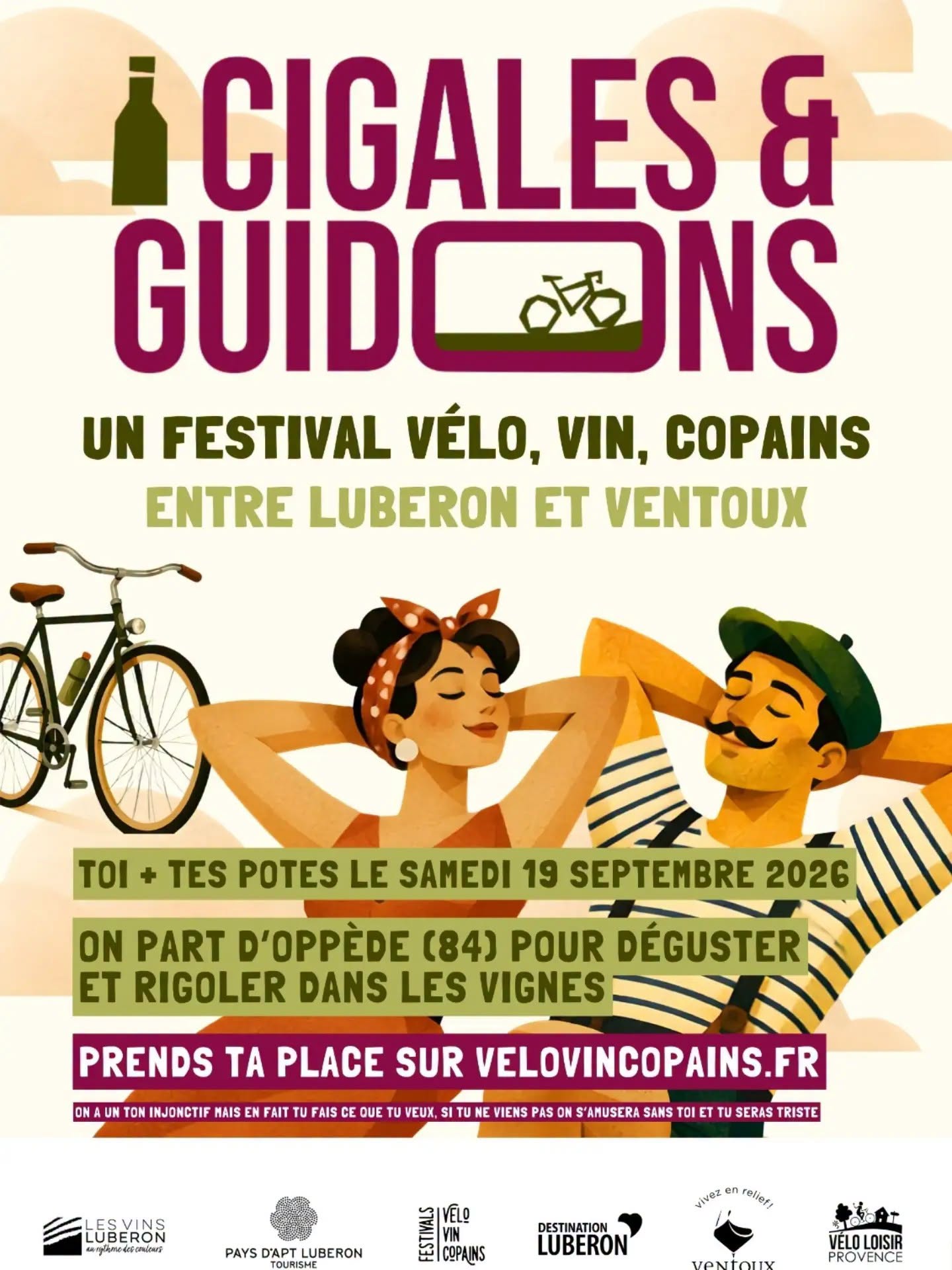Plakat des Festivals Cigales & Guidons 2026 mit einer Radtour durch die Weinberge ab Oppède
