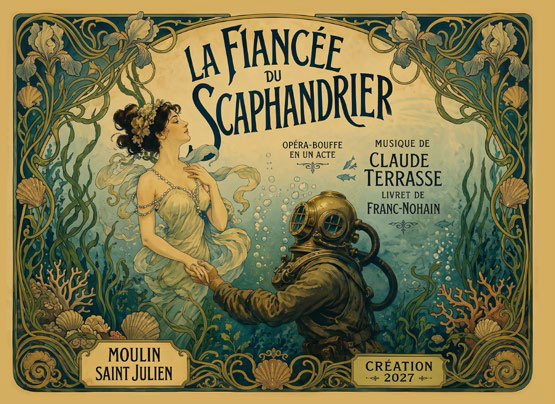 Plakat von La Fiancée du Scaphandrier, einer Opéra-bouffe in einem Akt im Moulin Saint-Julien