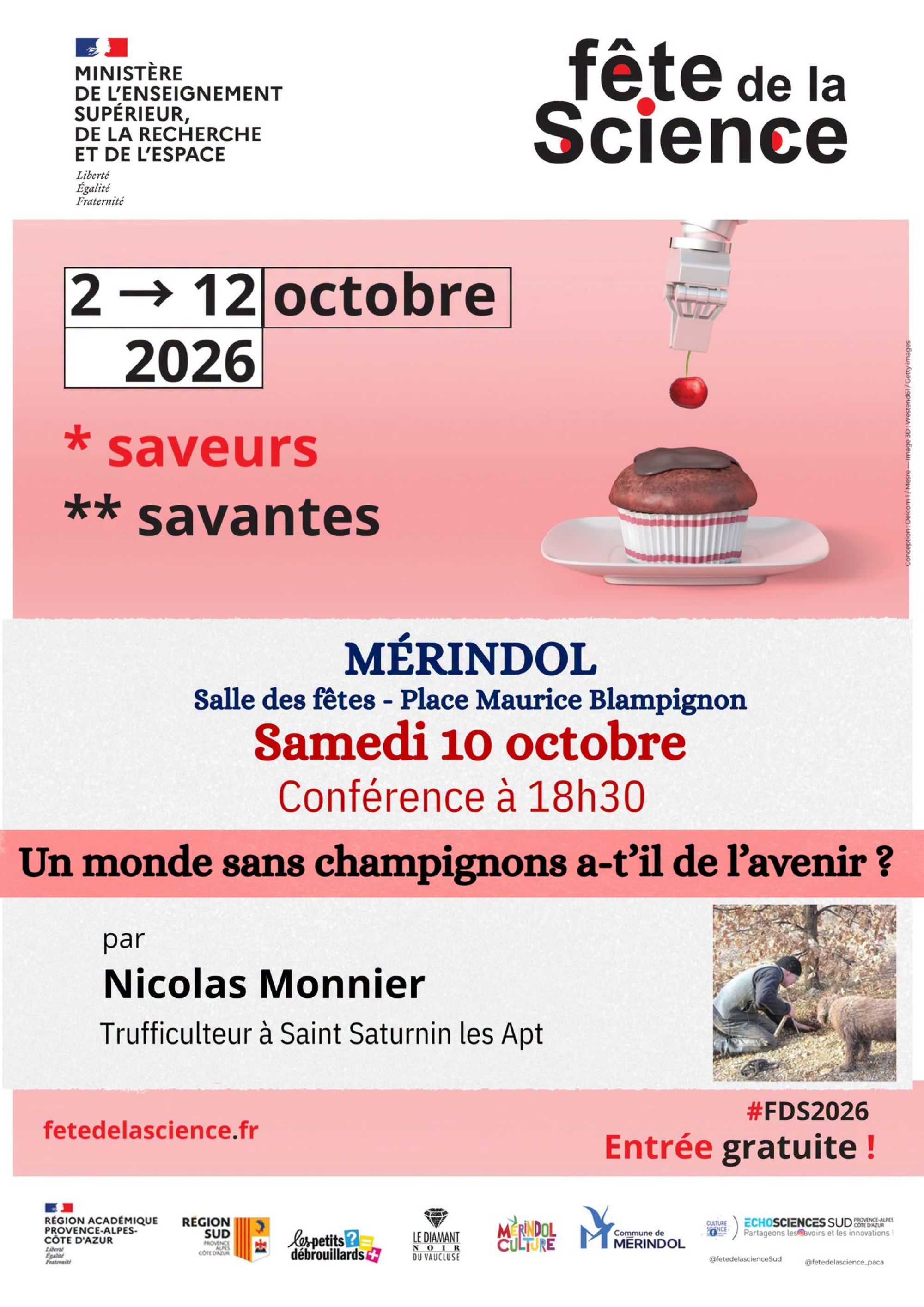 Plakat des Wissenschaftsfests 2026 in Mérindol mit einem Vortrag über Pilze