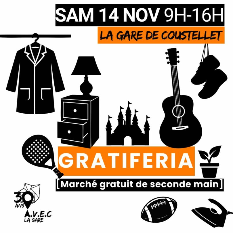 Plakat der Gratiféria in La Gare de Coustellet, einem kostenlosen Secondhand-Markt