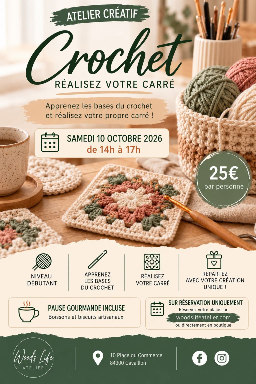 Häkelworkshop zum Erlernen der Grundlagen und Gestalten eines Häkelquadrats bei Woods Life Atelier in Cavaillon