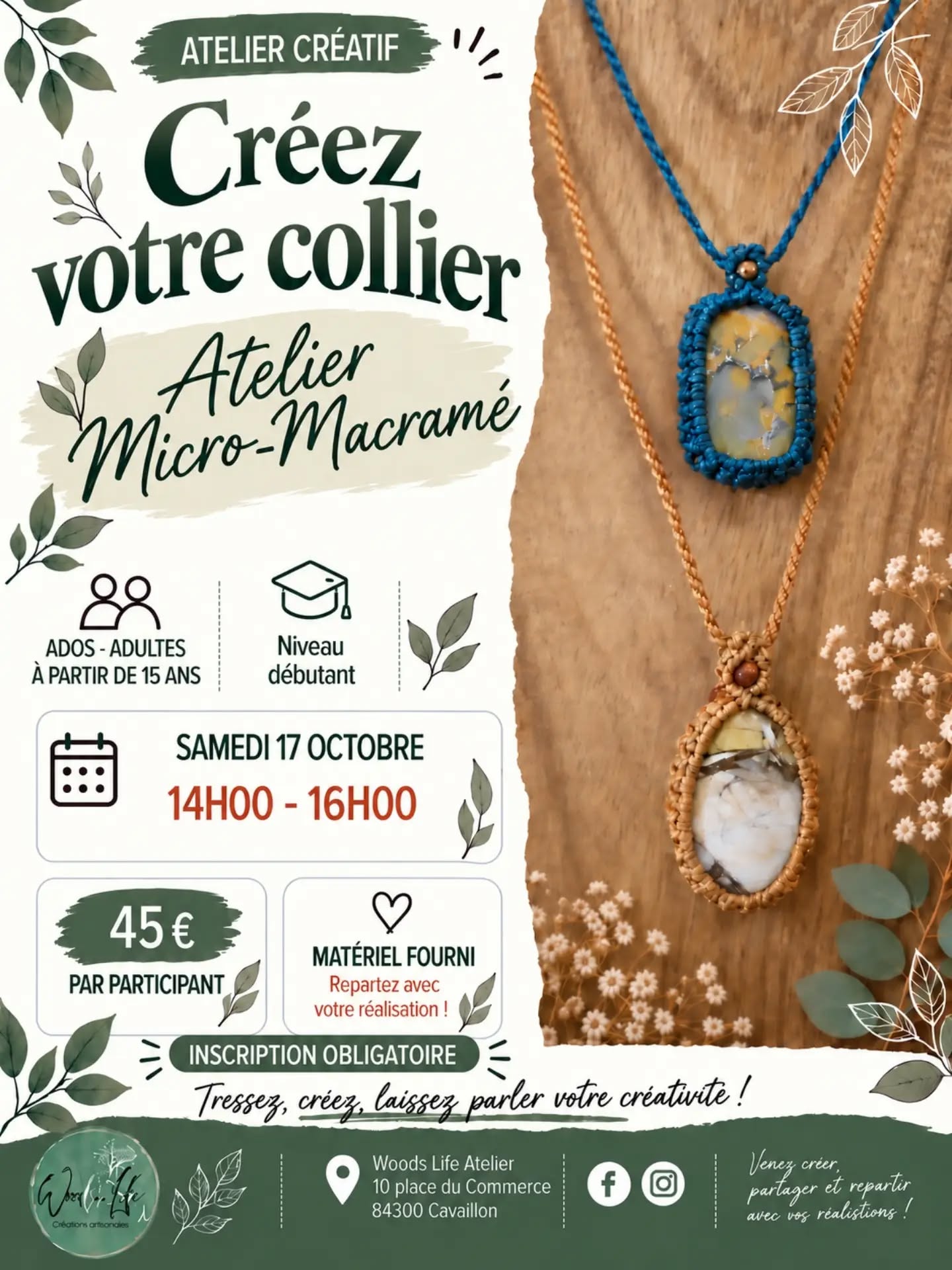 Gestaltung eines Halsbands in Mikro-Makramee bei Woods Life Atelier in Cavaillon