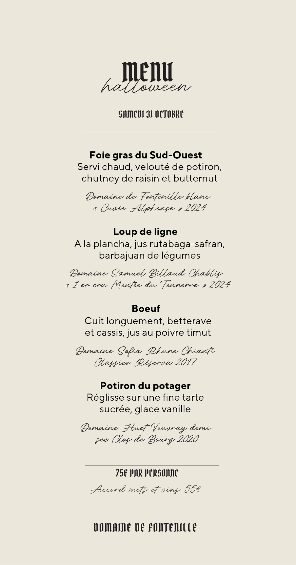 Menü des Halloween-Dinners im Domaine de Fontenille in Lauris